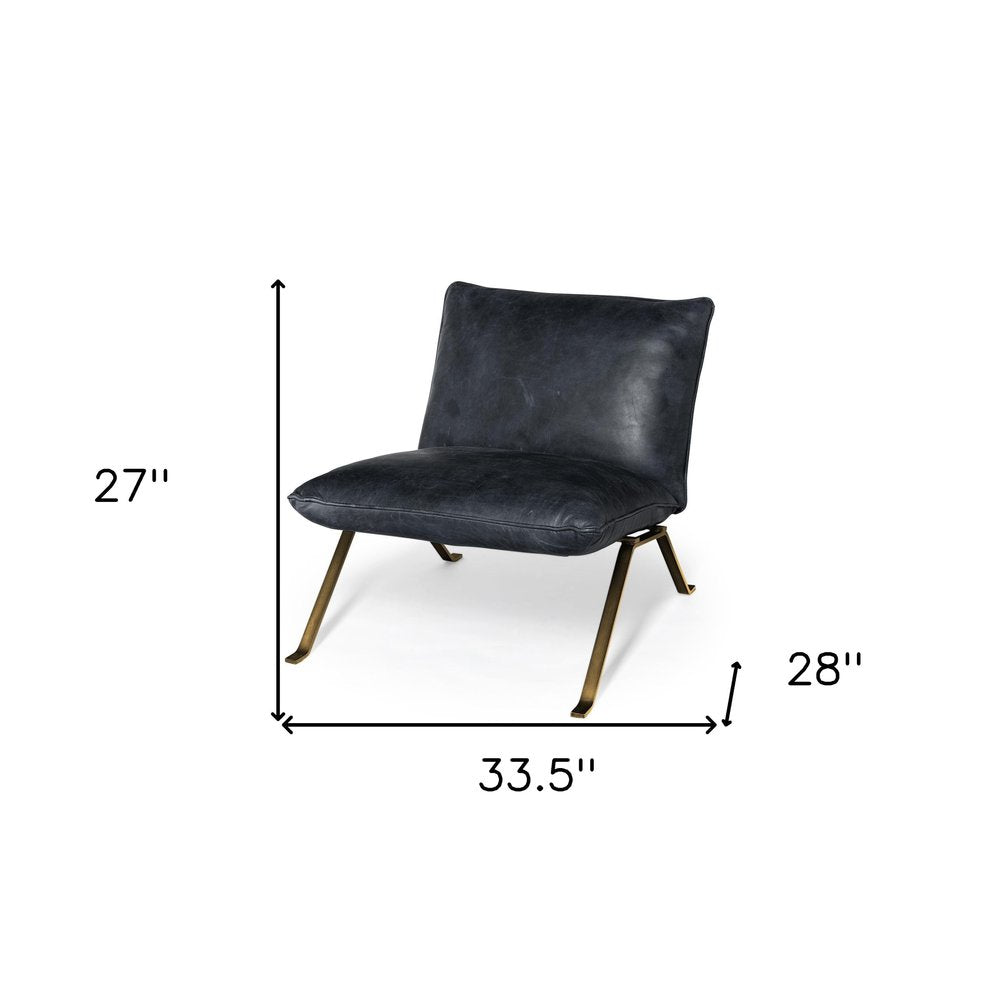 34" Black and Brass Top Grain Leather Distressed Slipper Chair