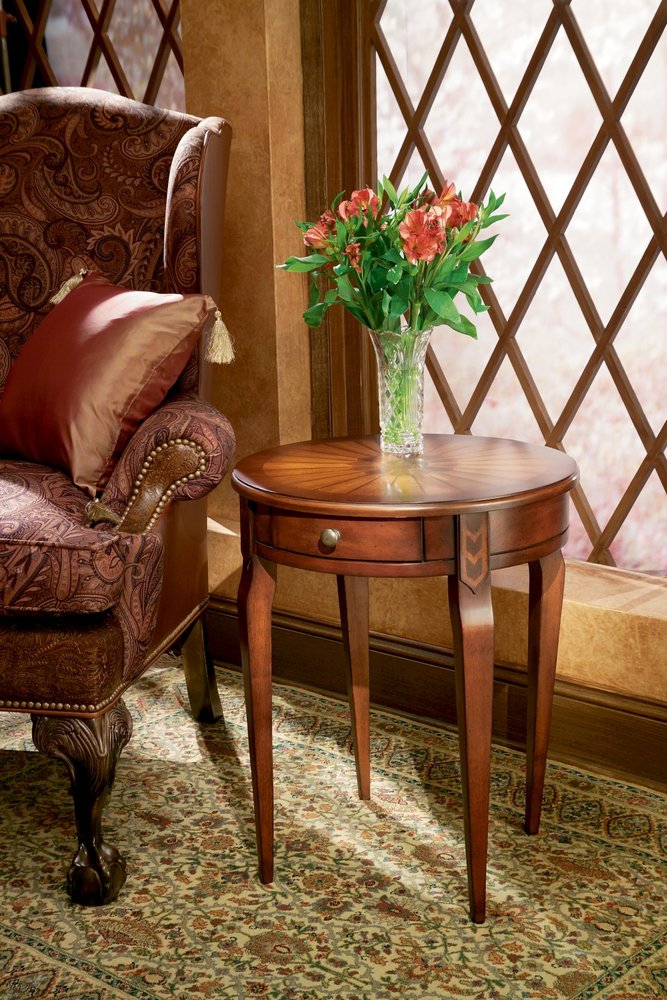 24" Brown Solid Wood and Wood Round End Table With Drawer