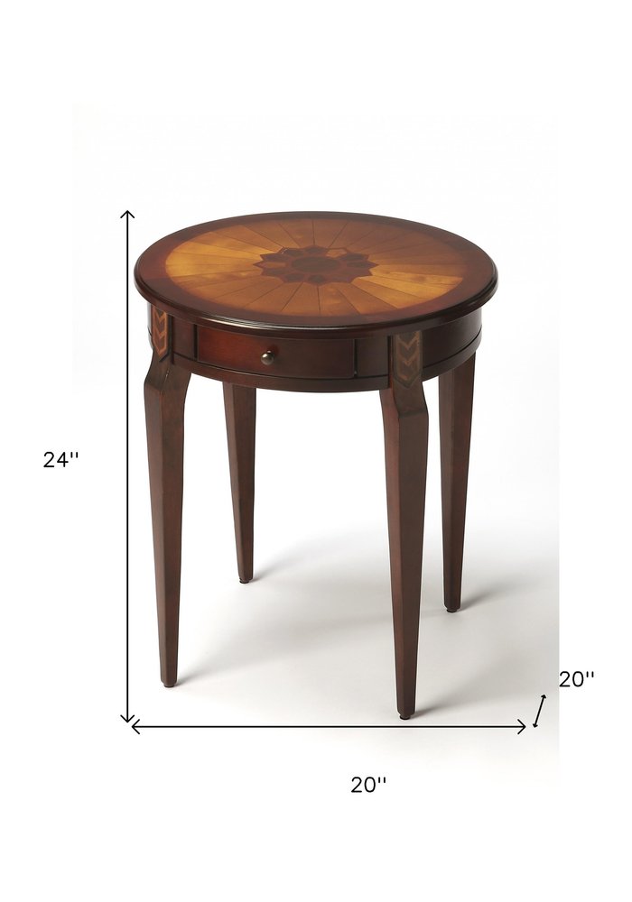 24" Brown Solid Wood and Wood Round End Table With Drawer