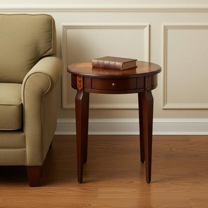 24" Brown Solid Wood and Wood Round End Table With Drawer