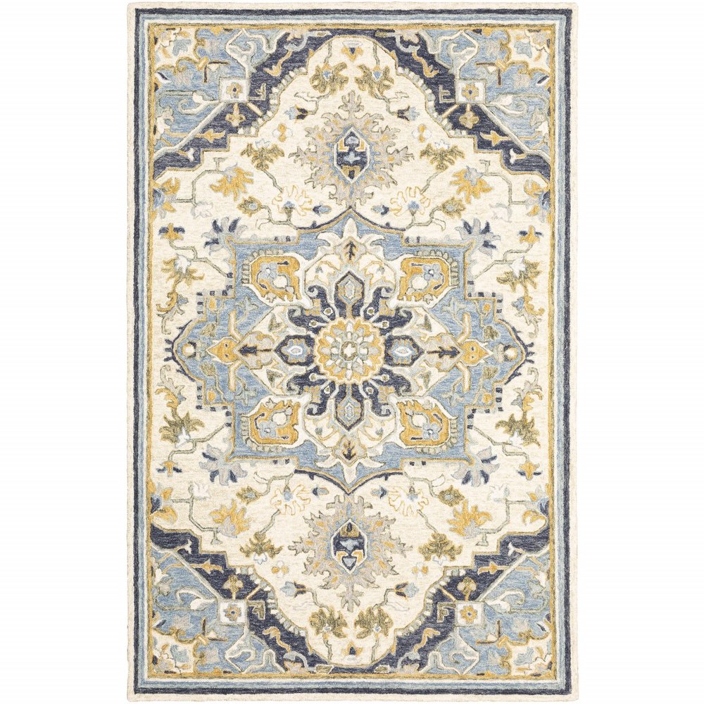 5' X 8' Blue And Ivory Bohemian Area Rug
