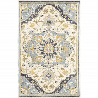 5' X 8' Blue And Ivory Bohemian Area Rug