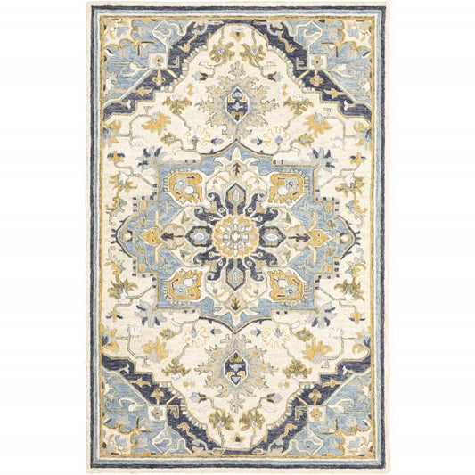 5' X 8' Blue And Ivory Bohemian Area Rug