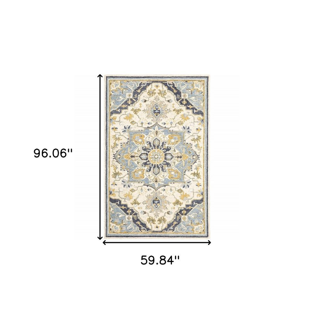 5' X 8' Blue And Ivory Bohemian Area Rug