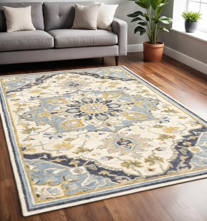 5' X 8' Blue And Ivory Bohemian Area Rug