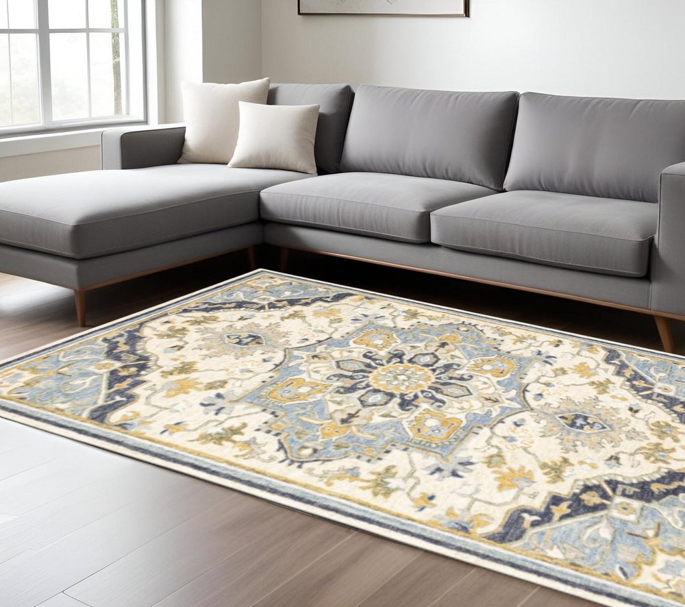 5' X 8' Blue And Ivory Bohemian Area Rug