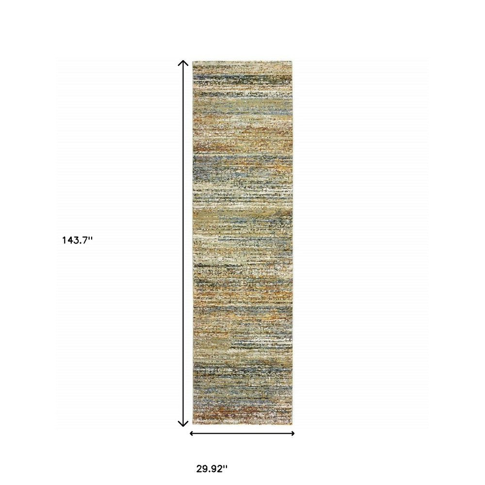 3' X 12' Gold And Green Abstract Runner Rug