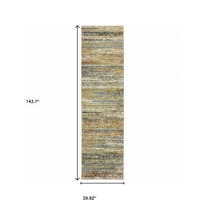 3' X 12' Gold And Green Abstract Runner Rug