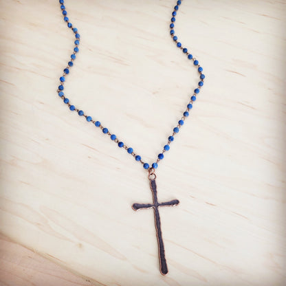 Genuine Blue Lapis Long Beaded Necklace with Antique Copper Cross 263a