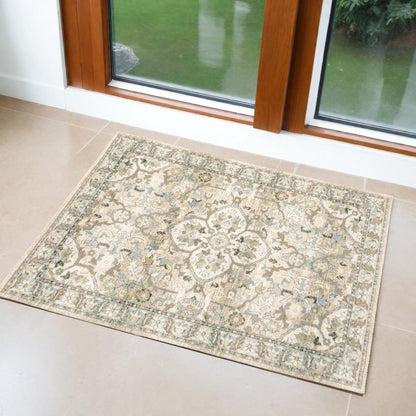 2' X 3' Ivory Blue And Red Geometric Area Rug