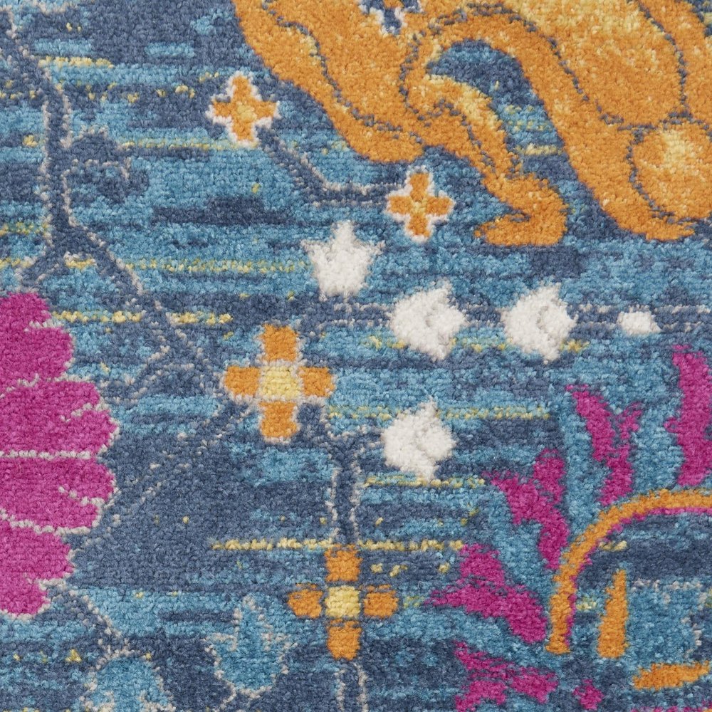 5' Blue And Orange Floral Distressed Round Rug