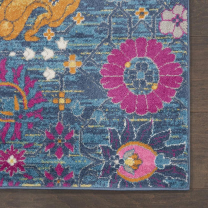 5' Blue And Orange Floral Distressed Round Rug