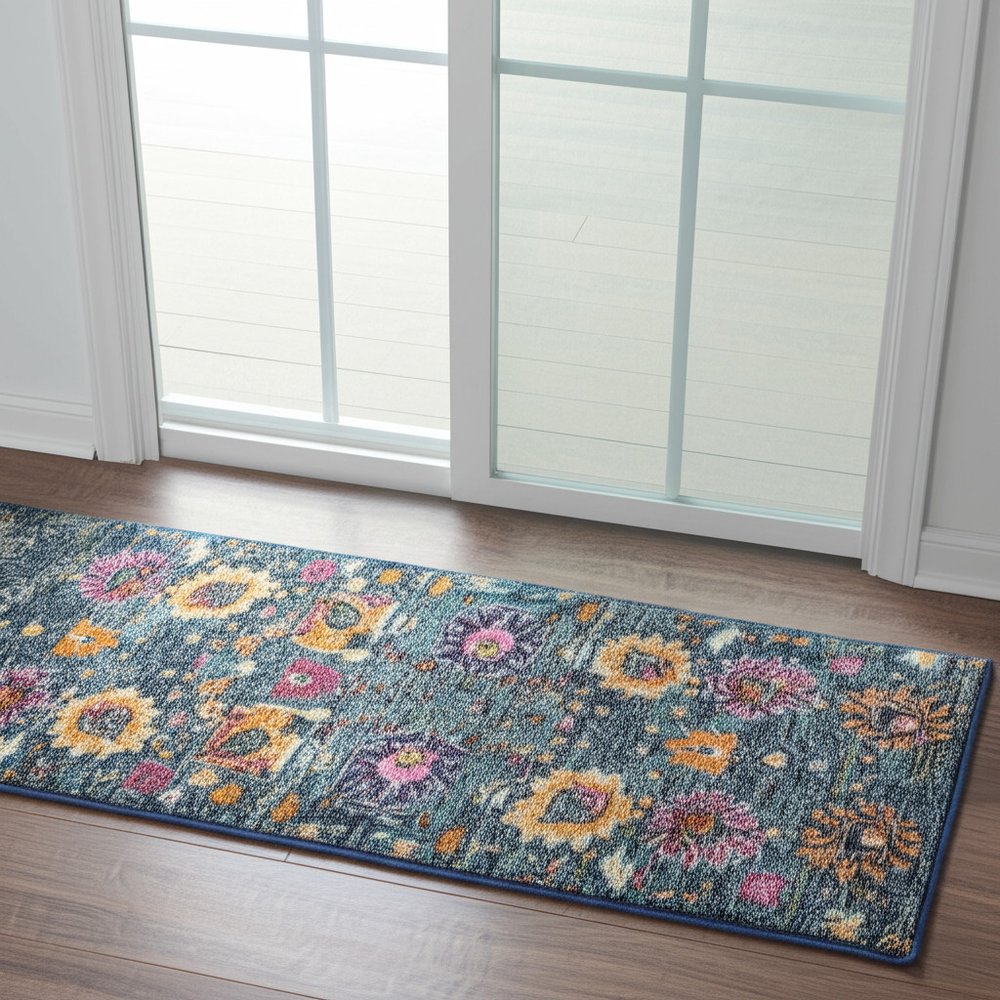 5' Blue And Orange Floral Distressed Round Rug