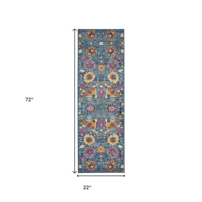 5' Blue And Orange Floral Distressed Round Rug