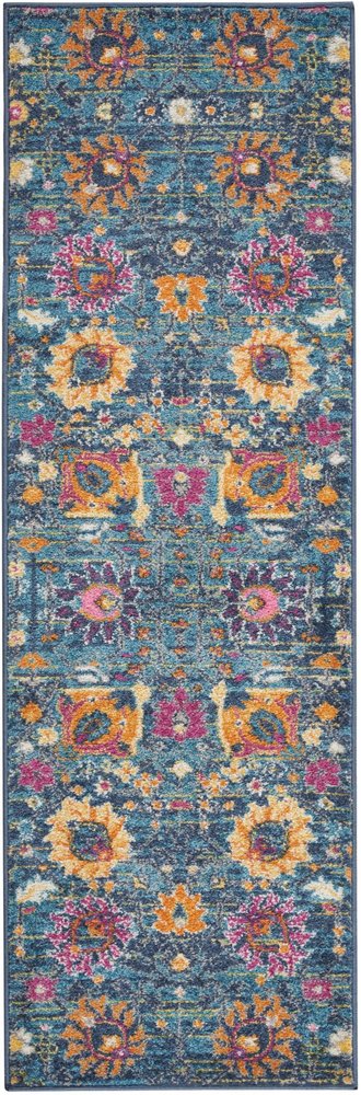 5' Blue And Orange Floral Distressed Round Rug