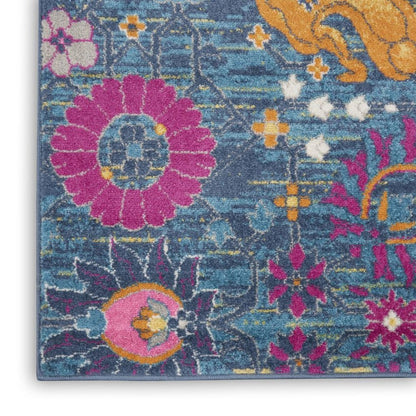 5' Blue And Orange Floral Distressed Round Rug