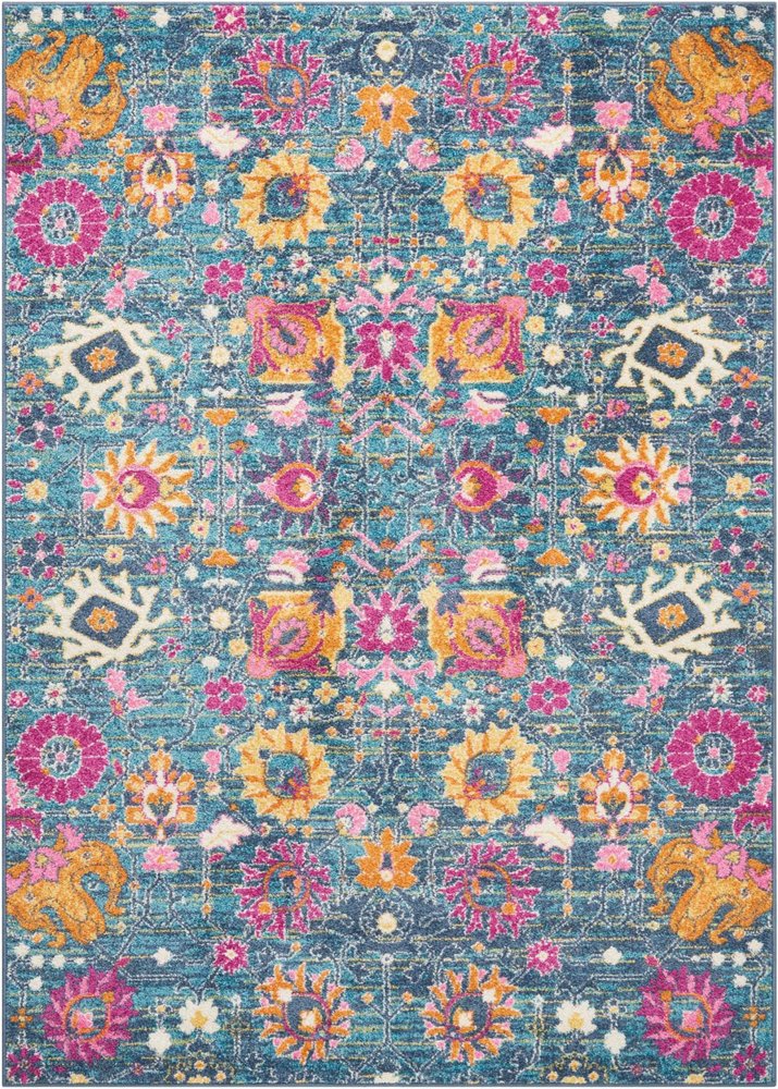 5' Blue And Orange Floral Distressed Round Rug