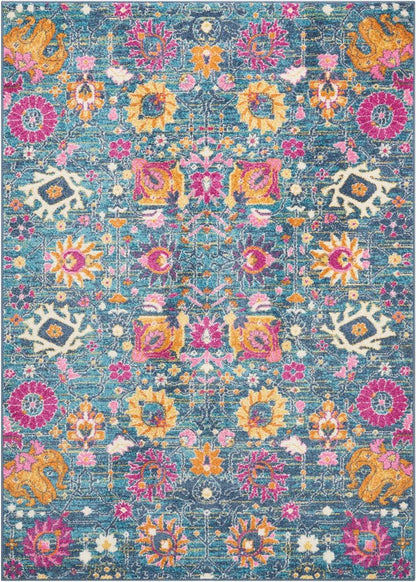 5' Blue And Orange Floral Distressed Round Rug