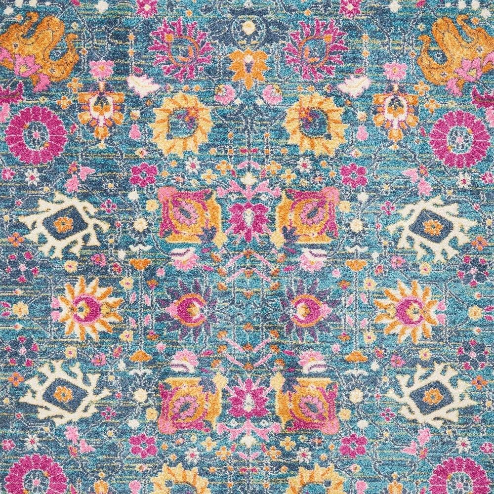 5' Blue And Orange Floral Distressed Round Rug