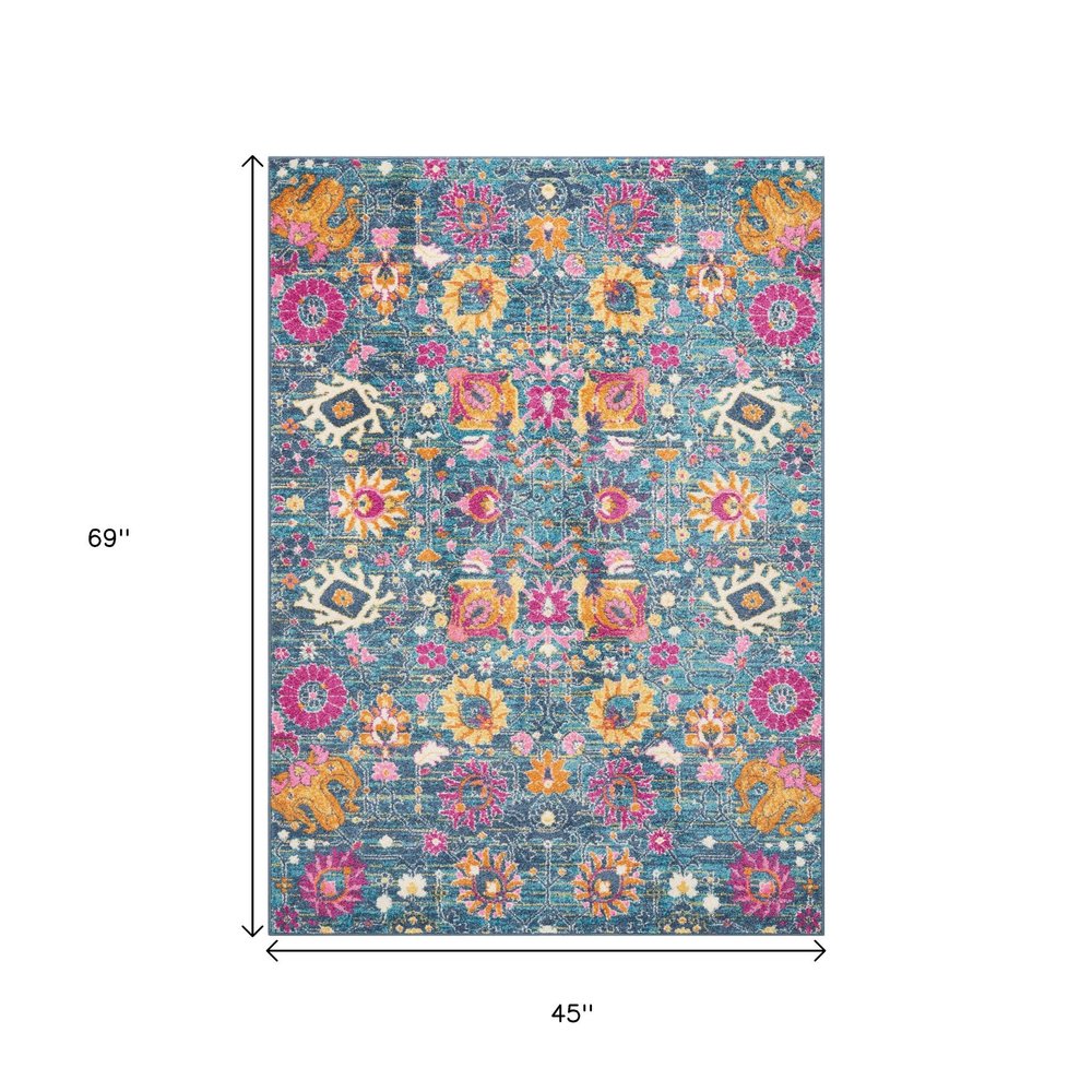 5' Blue And Orange Floral Distressed Round Rug