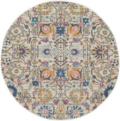4' Ivory And Blue Floral Round Rug