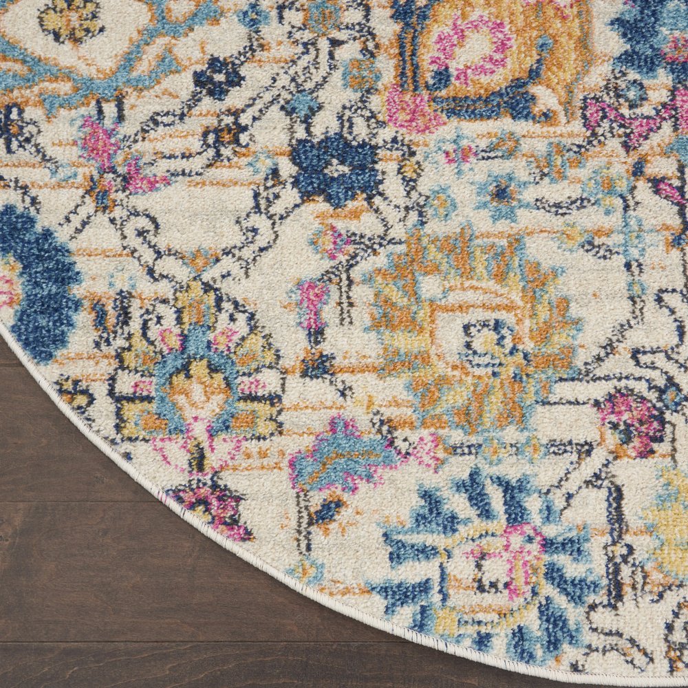 4' Ivory And Blue Floral Round Rug
