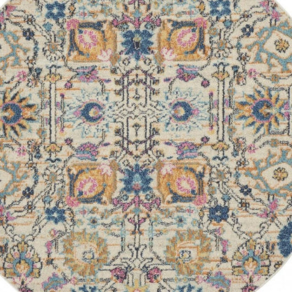 4' Ivory And Blue Floral Round Rug