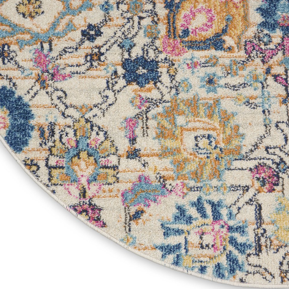 4' Ivory And Blue Floral Round Rug