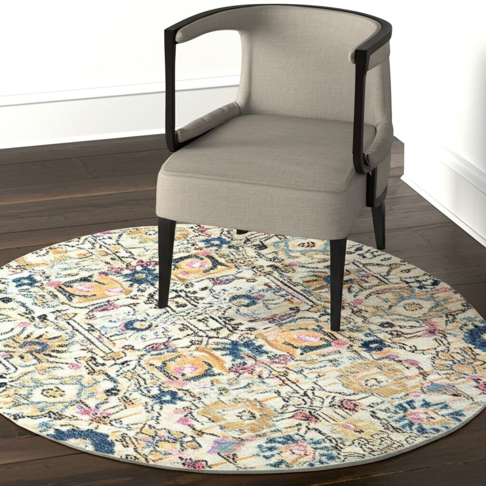 4' Ivory And Blue Floral Round Rug