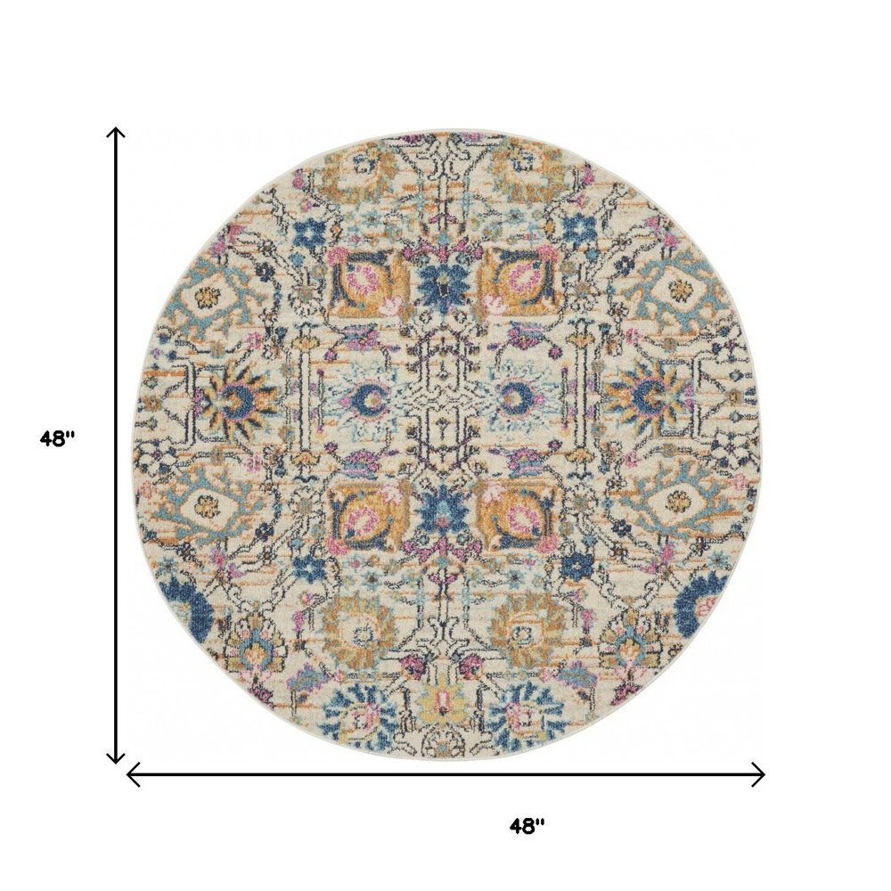 4' Ivory And Blue Floral Round Rug