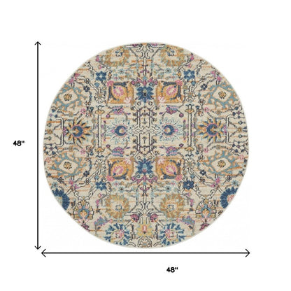 4' Ivory And Blue Floral Round Rug