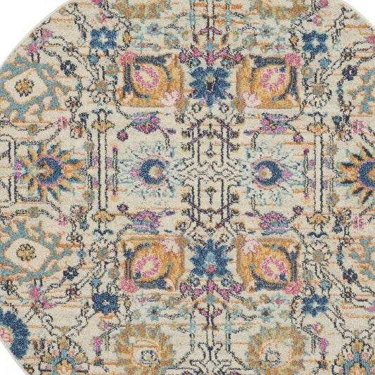 4' Ivory And Blue Floral Round Rug