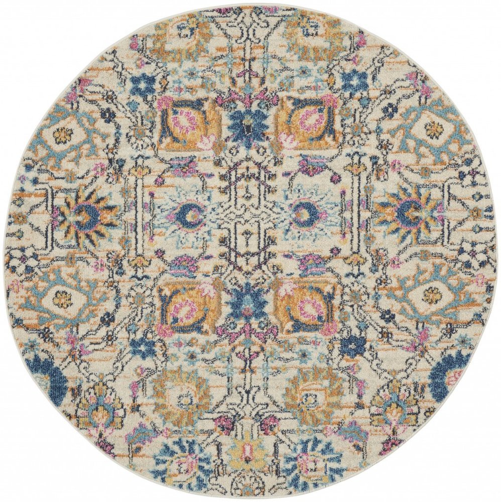 4' Ivory And Blue Floral Round Rug