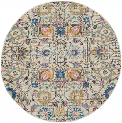 4' Ivory And Blue Floral Round Rug