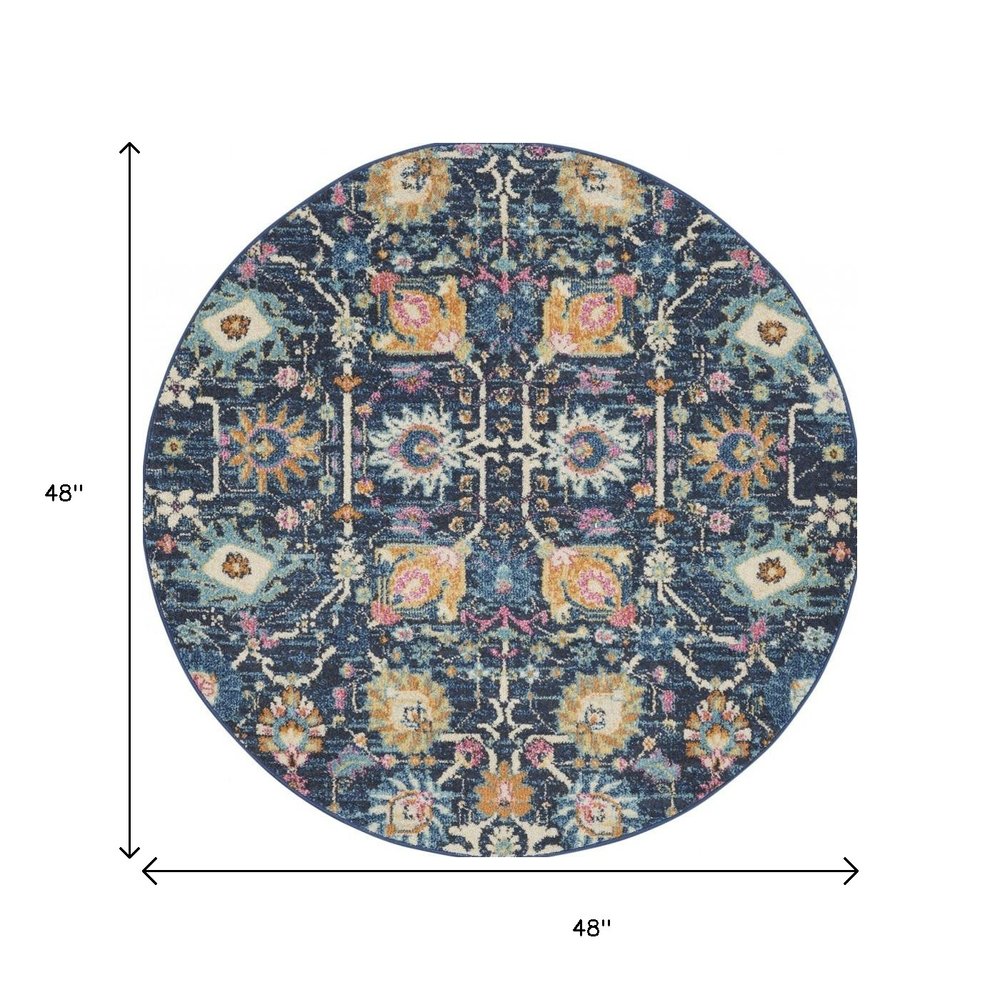 4' Navy Blue Yellow And Pink Floral Round Rug