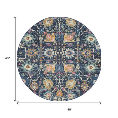 4' Navy Blue Yellow And Pink Floral Round Rug