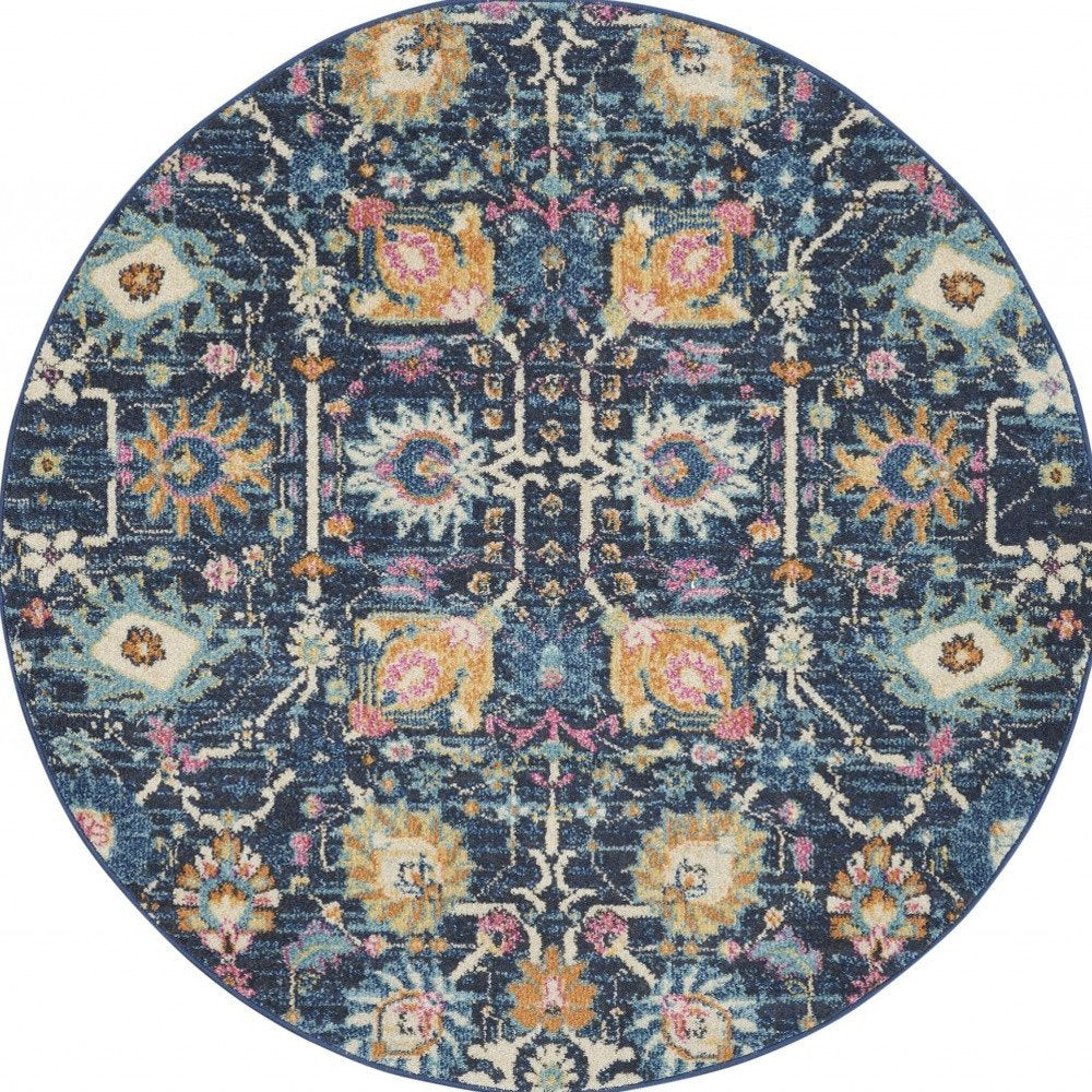 4' Navy Blue Yellow And Pink Floral Round Rug