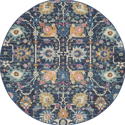 4' Navy Blue Yellow And Pink Floral Round Rug
