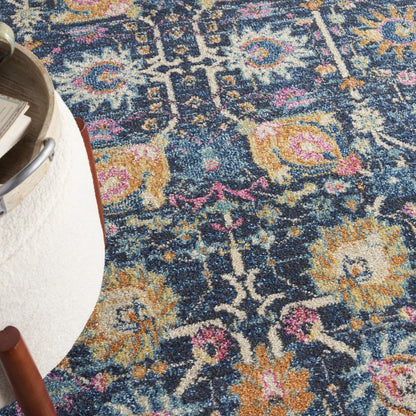 4' Navy Blue Yellow And Pink Floral Round Rug