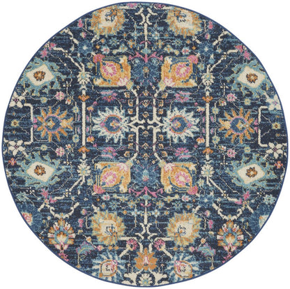 4' Navy Blue Yellow And Pink Floral Round Rug