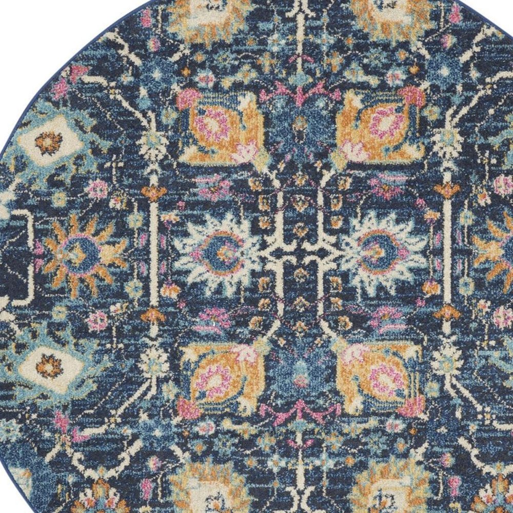 7' X 10' Navy Blue Yellow And Pink Floral Area Rug