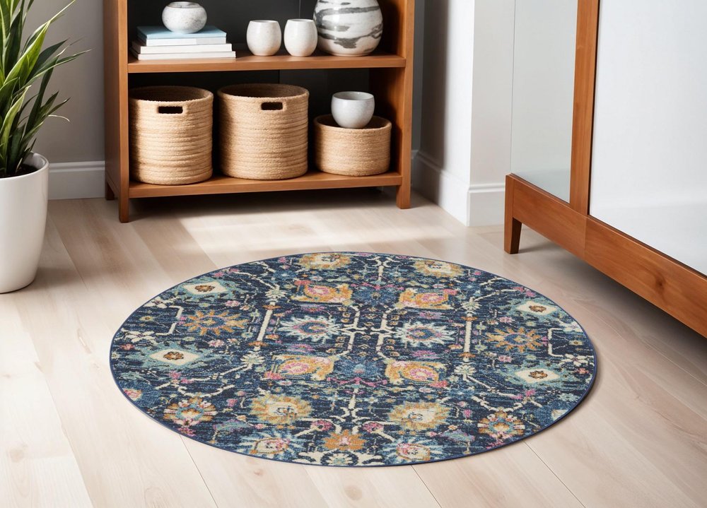 7' X 10' Navy Blue Yellow And Pink Floral Area Rug