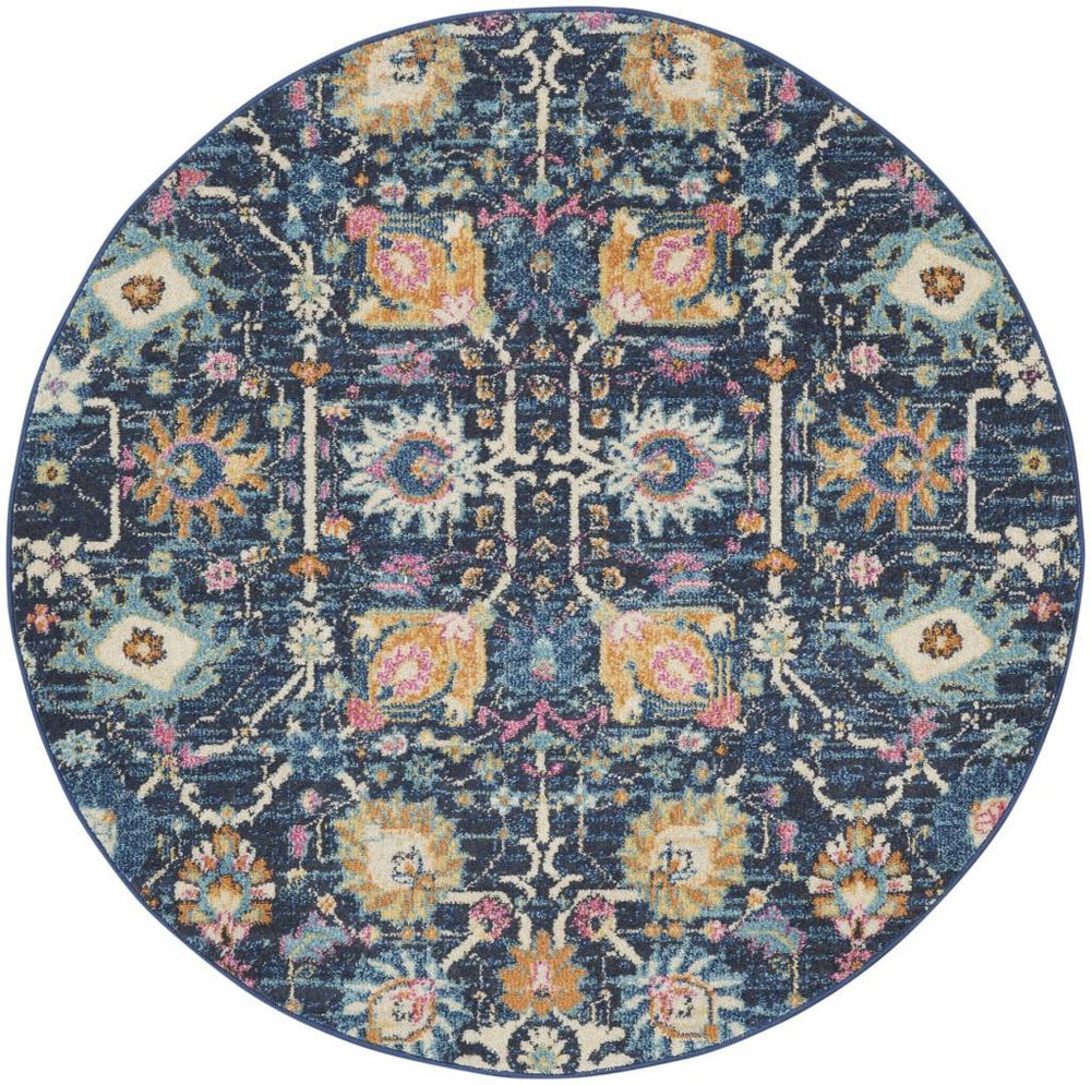7' X 10' Navy Blue Yellow And Pink Floral Area Rug