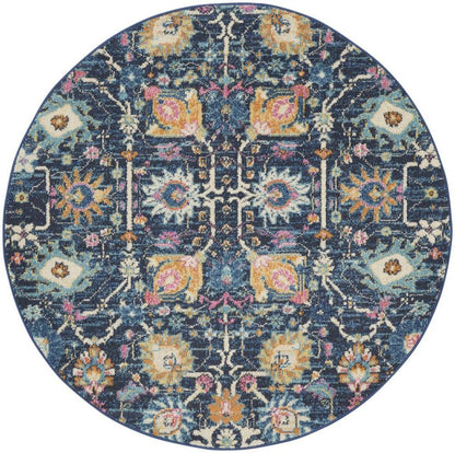 7' X 10' Navy Blue Yellow And Pink Floral Area Rug