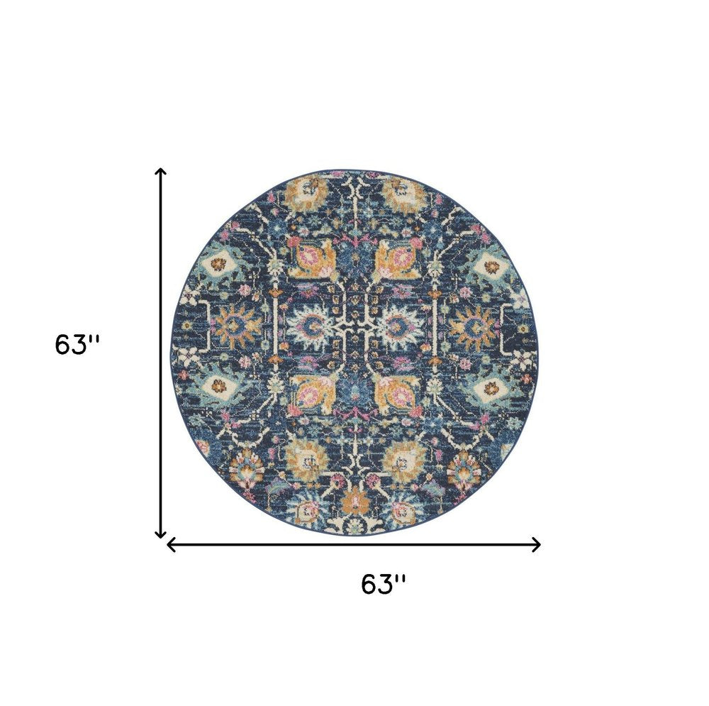 7' X 10' Navy Blue Yellow And Pink Floral Area Rug