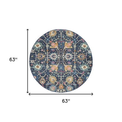 7' X 10' Navy Blue Yellow And Pink Floral Area Rug