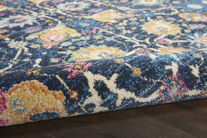 7' X 10' Navy Blue Yellow And Pink Floral Area Rug