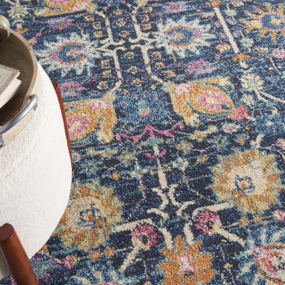 7' X 10' Navy Blue Yellow And Pink Floral Area Rug