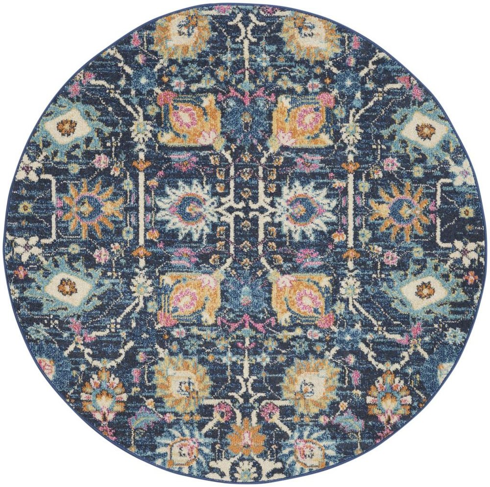 7' X 10' Navy Blue Yellow And Pink Floral Area Rug