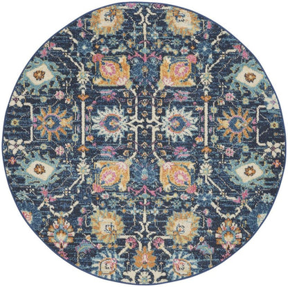 7' X 10' Navy Blue Yellow And Pink Floral Area Rug